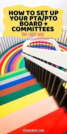 'How to Set Up Your PTO Board + Committees (The Right Way)' atop rainbow painted stairwell