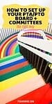 'How to Set Up Your PTO Board + Committees (The Right Way)' atop rainbow painted stairwell