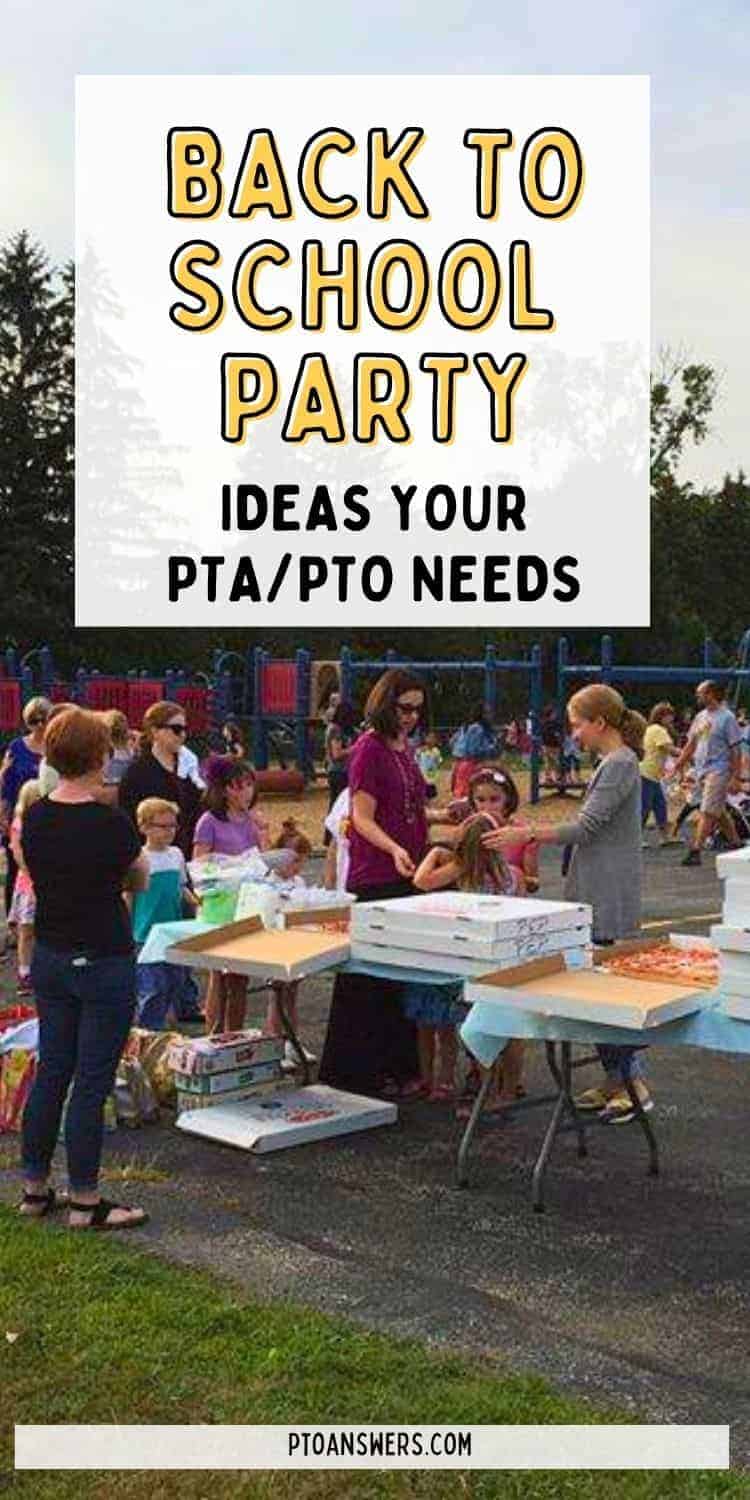 'back to school party: ideas your pta/pto needs' fatop families gathered on a school playground at a pto back to school party