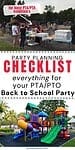 'party planning checklist: everything for you pta/pto back to school party' with pictures of families and children at a blacktop bash
