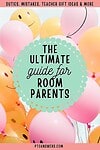 'the ultimate guide for room parents' atop inflated pastel smiley face balloons