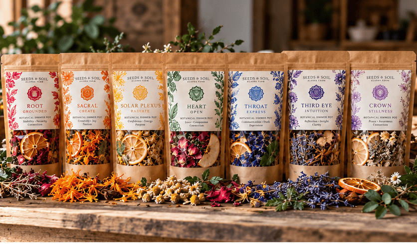 Seven Chakra Botanical Simmer Pot Gift Set featuring all seven Seeds & Soil Farm natural home fragrance blends. Complete Botanical Rituals Chakra Collection with seven kraft pouches of dried flowers, herbs, citrus, and spices handcrafted in Palmer, Alaska. Seven chakra-inspired botanical simmer pot blends arranged together, featuring colorful dried flowers and aromatic ingredients. Seeds & Soil Farm botanical simmer pot gift set with Alaska-grown botanicals and seven natural home fragrance blends..