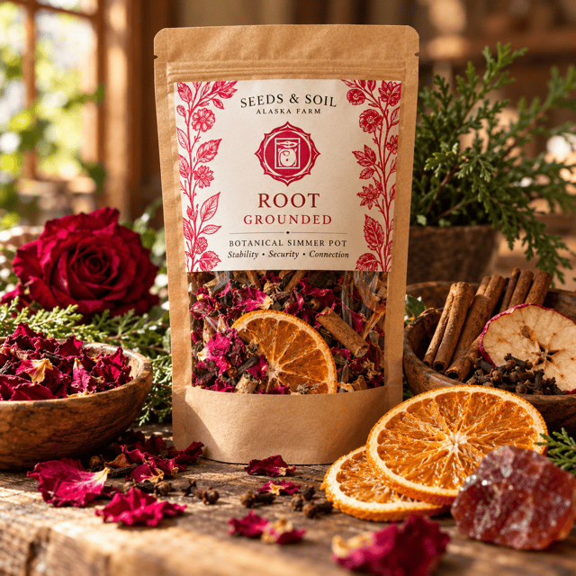 Root Chakra Grounded botanical simmer pot in kraft packaging by Seeds & Soil Farm in Palmer, Alaska. Root Chakra natural simmer pot blend with dried rosehips, red rose petals, cinnamon, cloves, apple, and orange peel. Dried botanical simmer pot ingredients displayed with warm spices, flowers, citrus, and a steaming saucepan. Seeds & Soil Farm Seven Chakra Botanical Simmer Pot Collection featuring seven naturally fragrant blends.