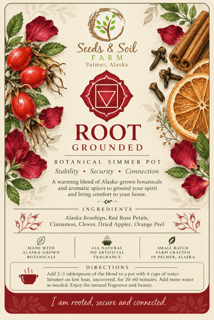 Root Chakra Grounded botanical simmer pot in kraft packaging by Seeds & Soil Farm in Palmer, Alaska. Root Chakra natural simmer pot blend with dried rosehips, red rose petals, cinnamon, cloves, apple, and orange peel. Dried botanical simmer pot ingredients displayed with warm spices, flowers, citrus, and a steaming saucepan. Seeds & Soil Farm Seven Chakra Botanical Simmer Pot Collection featuring seven naturally fragrant blends.