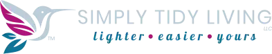 Simply Tidy Living, LLC logo, with a stylized hummingbird on the left facing the words Simply Tidy Living on the right, over the words lighter, easier, yours