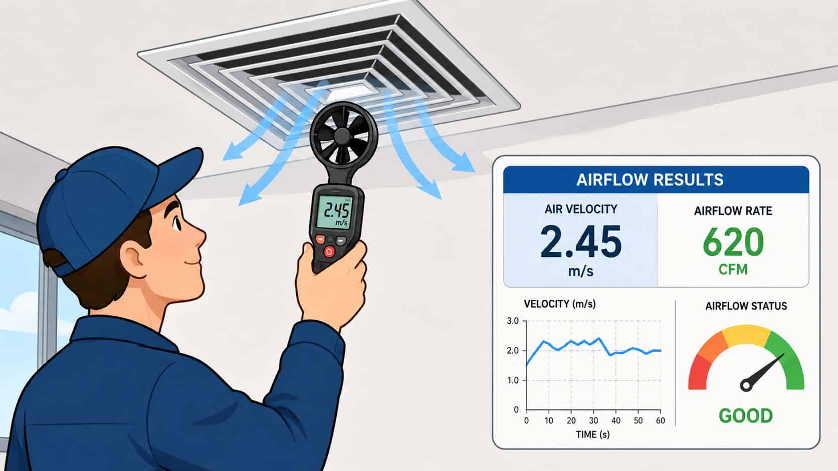 En tekniker mäter luftflödet från en ventilationskanal med en anemometer för att kontrollera att ventilationen fungerar korrekt.