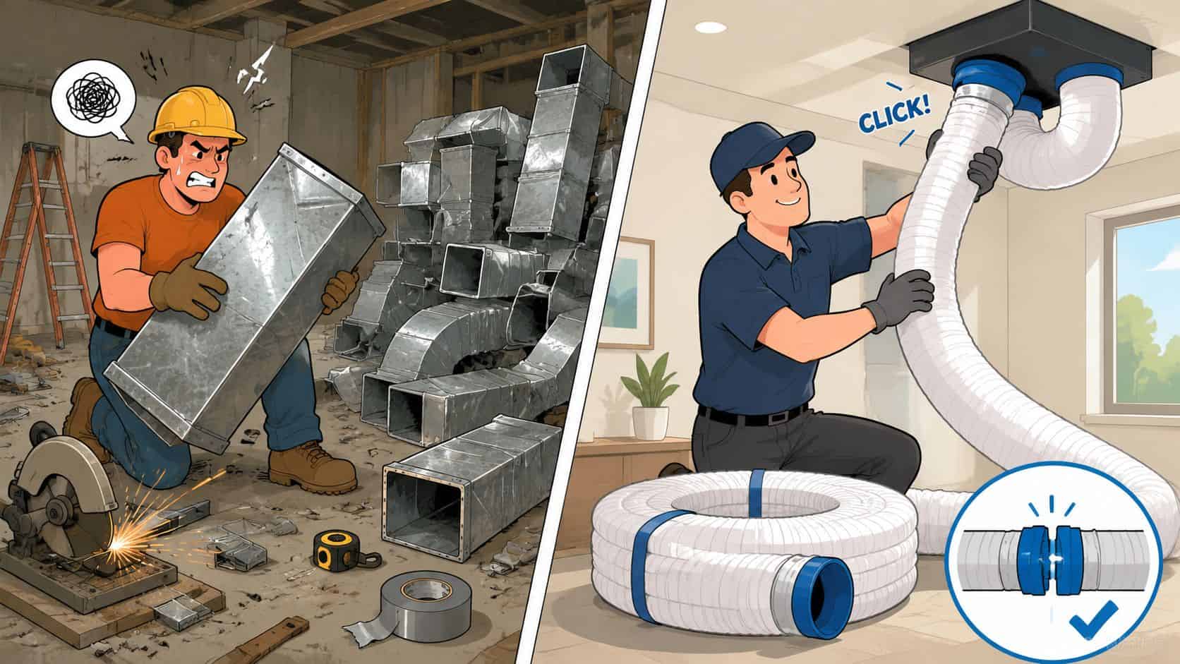 Illustration som visar skillnaden mellan besvärlig traditionell metallventilationsinstallation och enkel montering av ett flexibelt ventilationsrör.