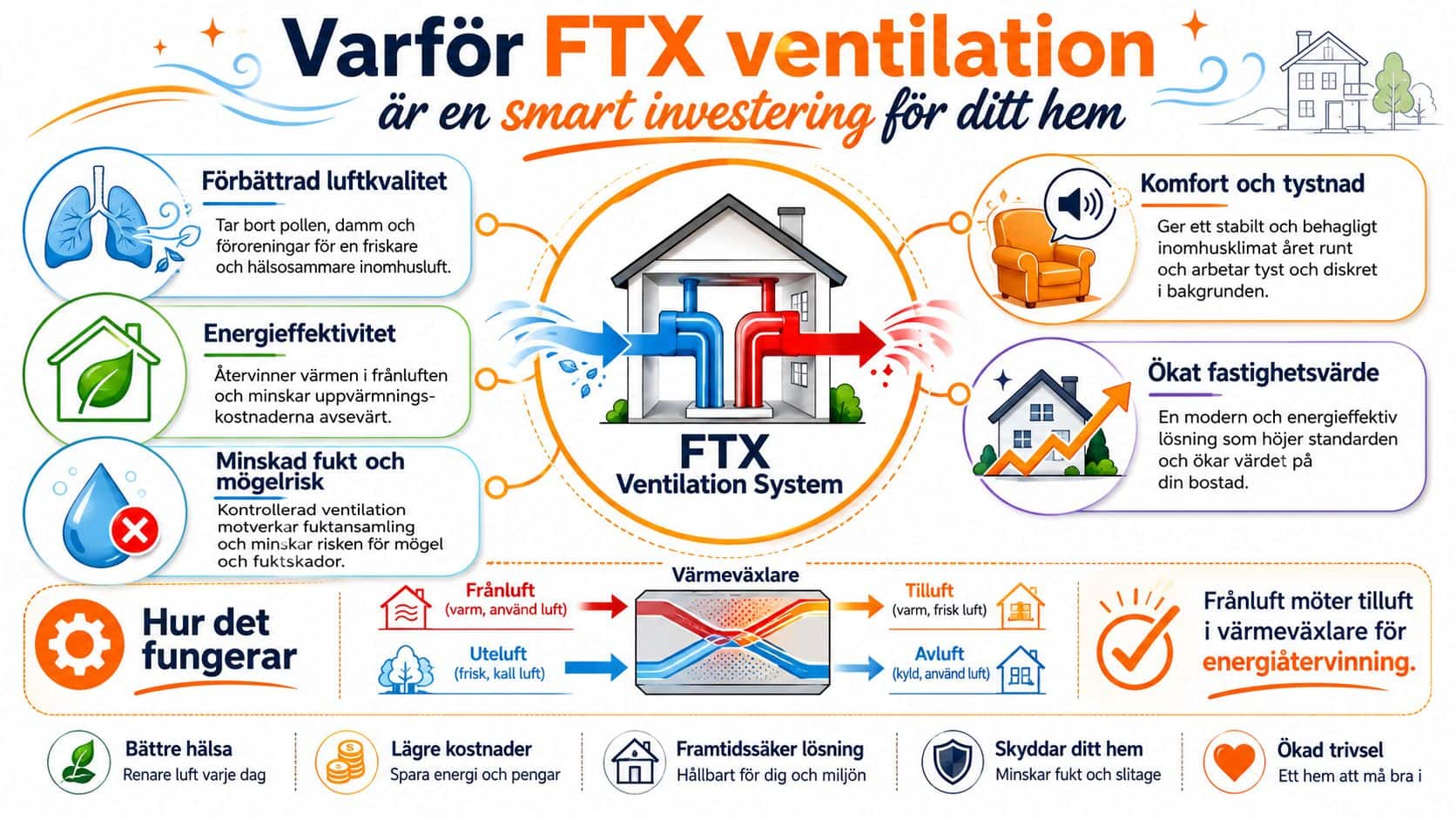 En infografik som förklarar fördelarna och funktionen med FTX-ventilation för ett energieffektivt och hälsosamt hem.