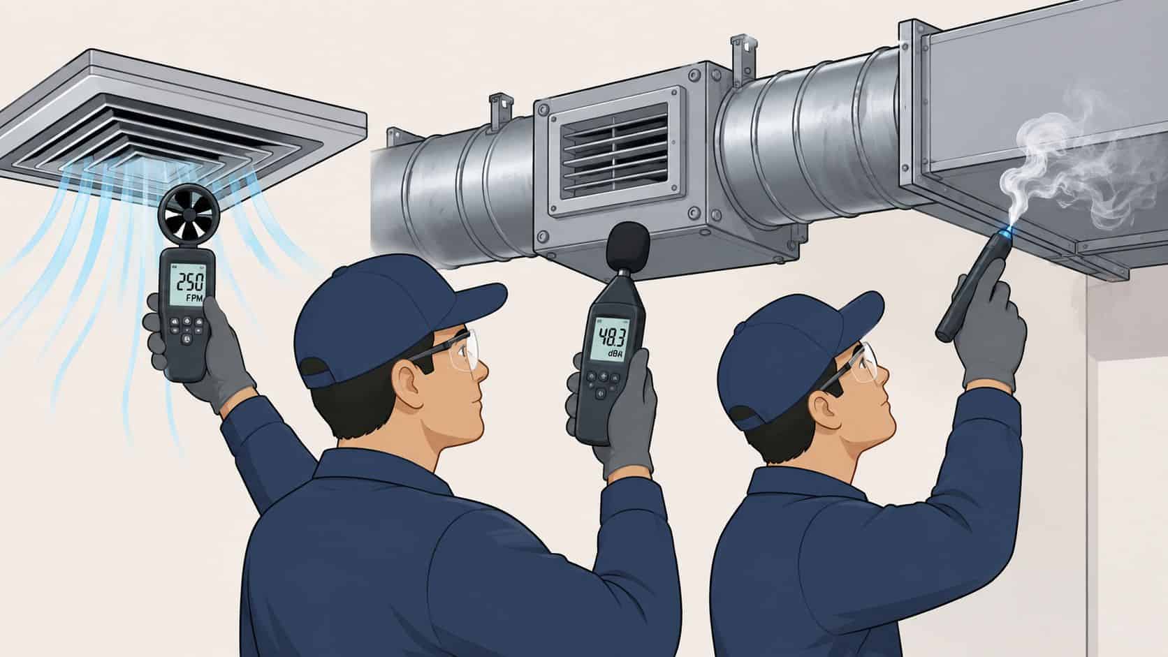 Tekniker inspekterar ventilationssystem med mätinstrument för luftflöde, ljudnivå och läckagesökning i en kommersiell byggnad.