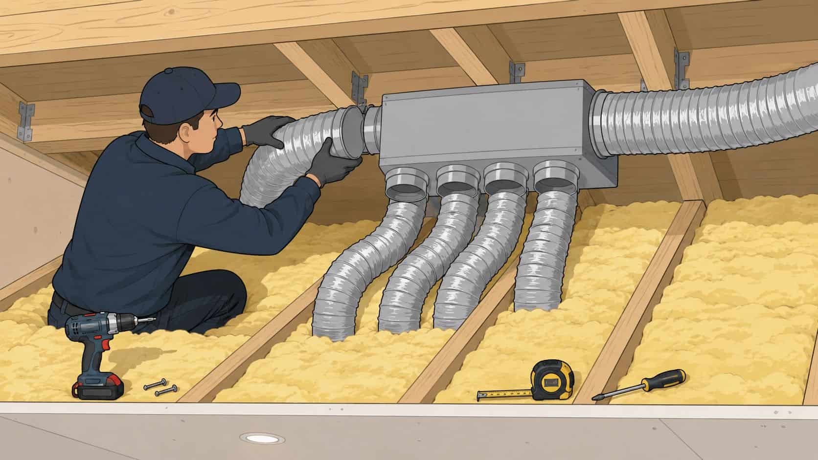 En ventilationsmontör installerar flexibla ventilationskanaler i en isolerad vindsmiljö med hjälp av professionella verktyg för ventilation.
