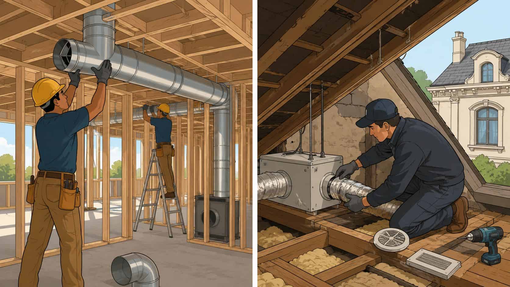 Hantverkare installerar ventilationssystem med kanaler i ett hus under byggnation samt på en vind.