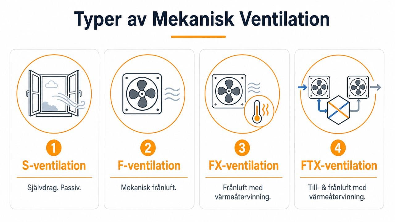 En illustration som visar fyra olika typer av ventilationssystem, från självdrag till FTX med värmeåtervinning i en villa.