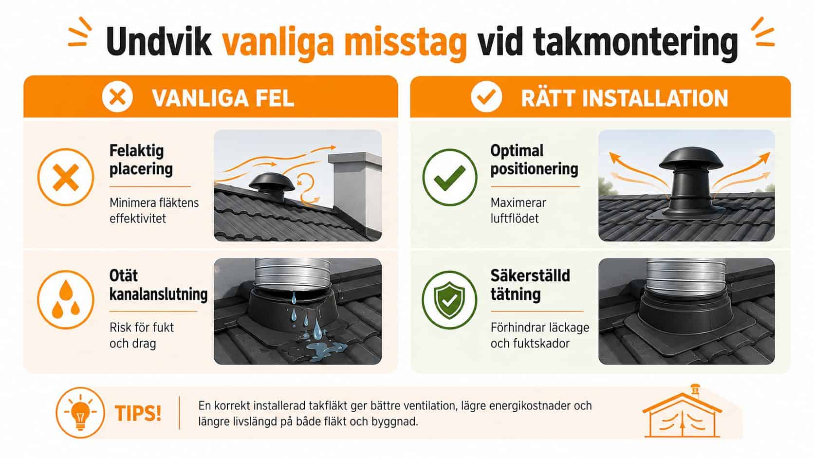 En infografik som visar vanliga misstag vid takmontering av fläktar och hur man installerar dem korrekt.