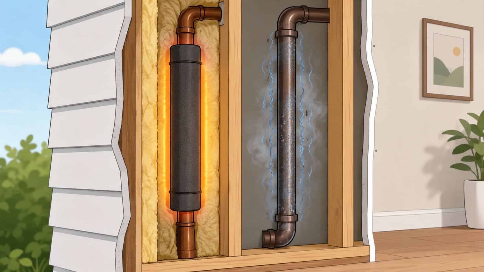 En illustration som visar skillnaden mellan ett isolerat rör och ett oisolerat rör i en vägg.