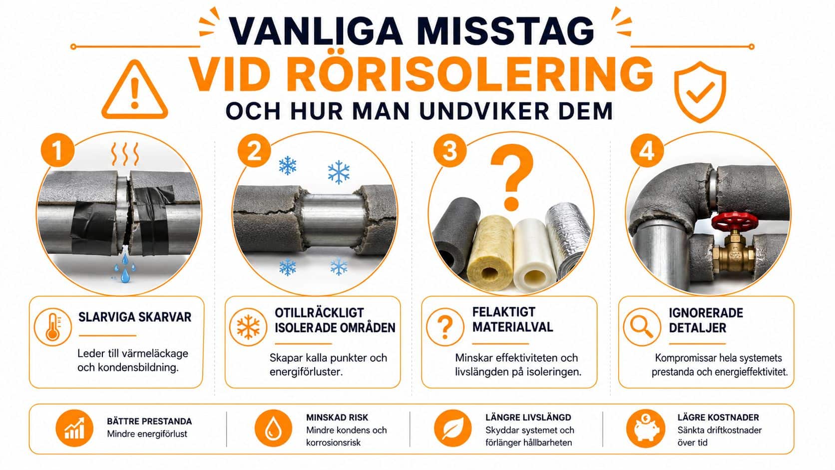 En infografik som visar fyra vanliga misstag vid rörisolering och hur man undviker dem för bättre energieffektivitet.