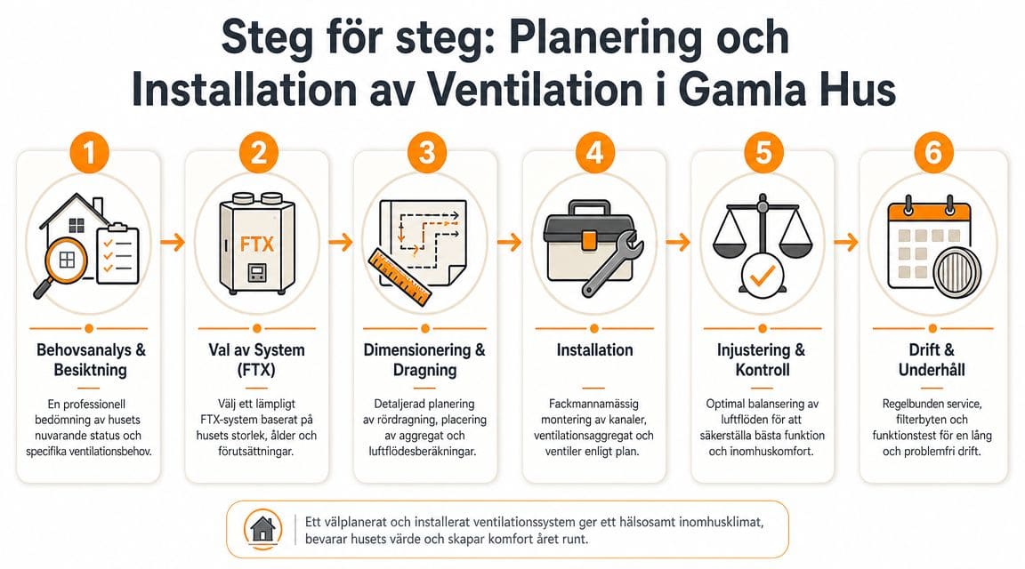 En steg-för-steg-guide som illustrerar processen för planering och installation av ventilationssystem i äldre hus.