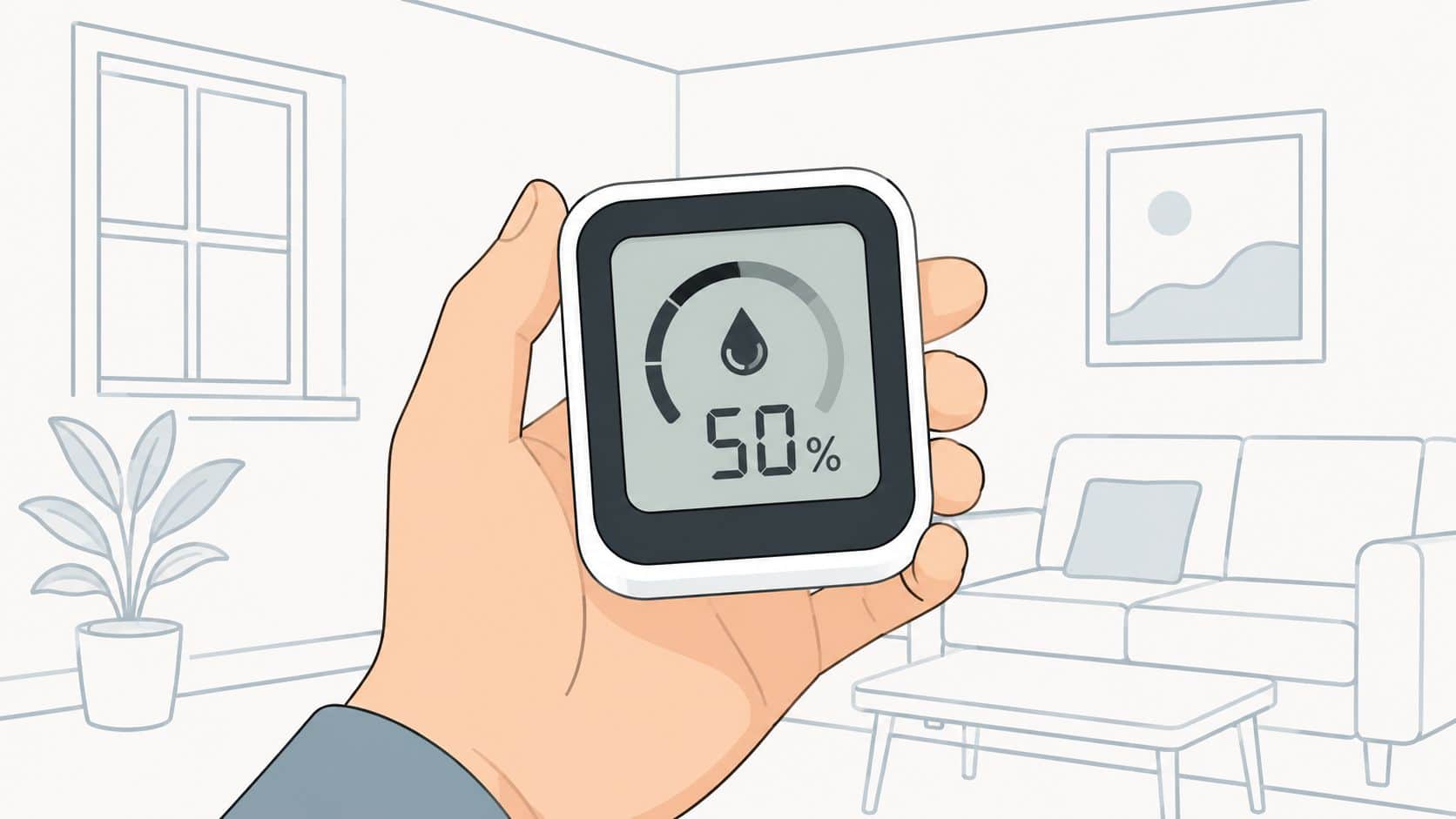 En hand som håller en digital hygrometer som visar 50 procent luftfuktighet i ett vardagsrum.