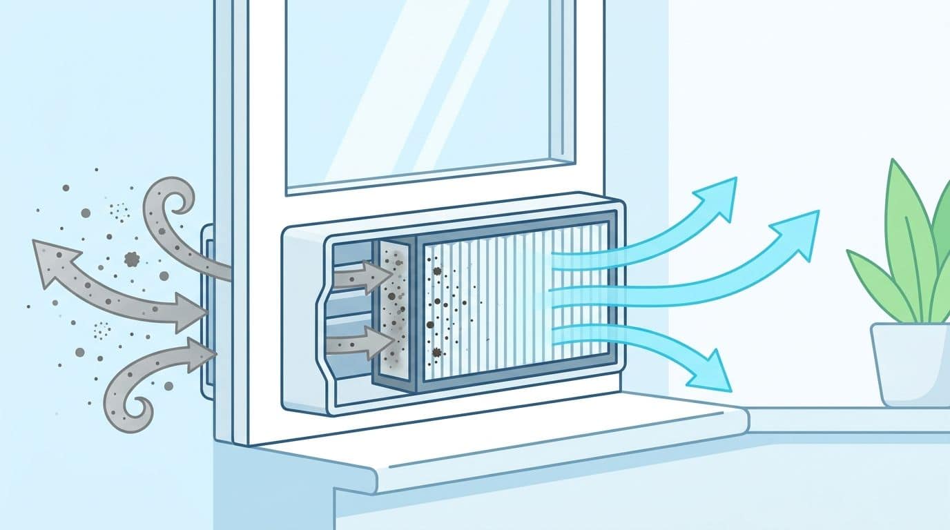 En illustration av ett fönstermonterat luftfilter som renar förorenad luft och släpper ut ren luft inomhus.