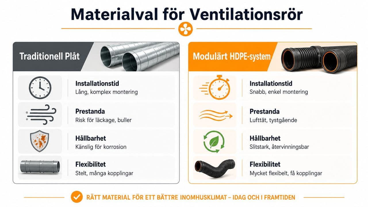 Jämförelse mellan traditionella plåtrör och moderna HDPE-rör för ventilation gällande installation, prestanda, hållbarhet och flexibilitet.