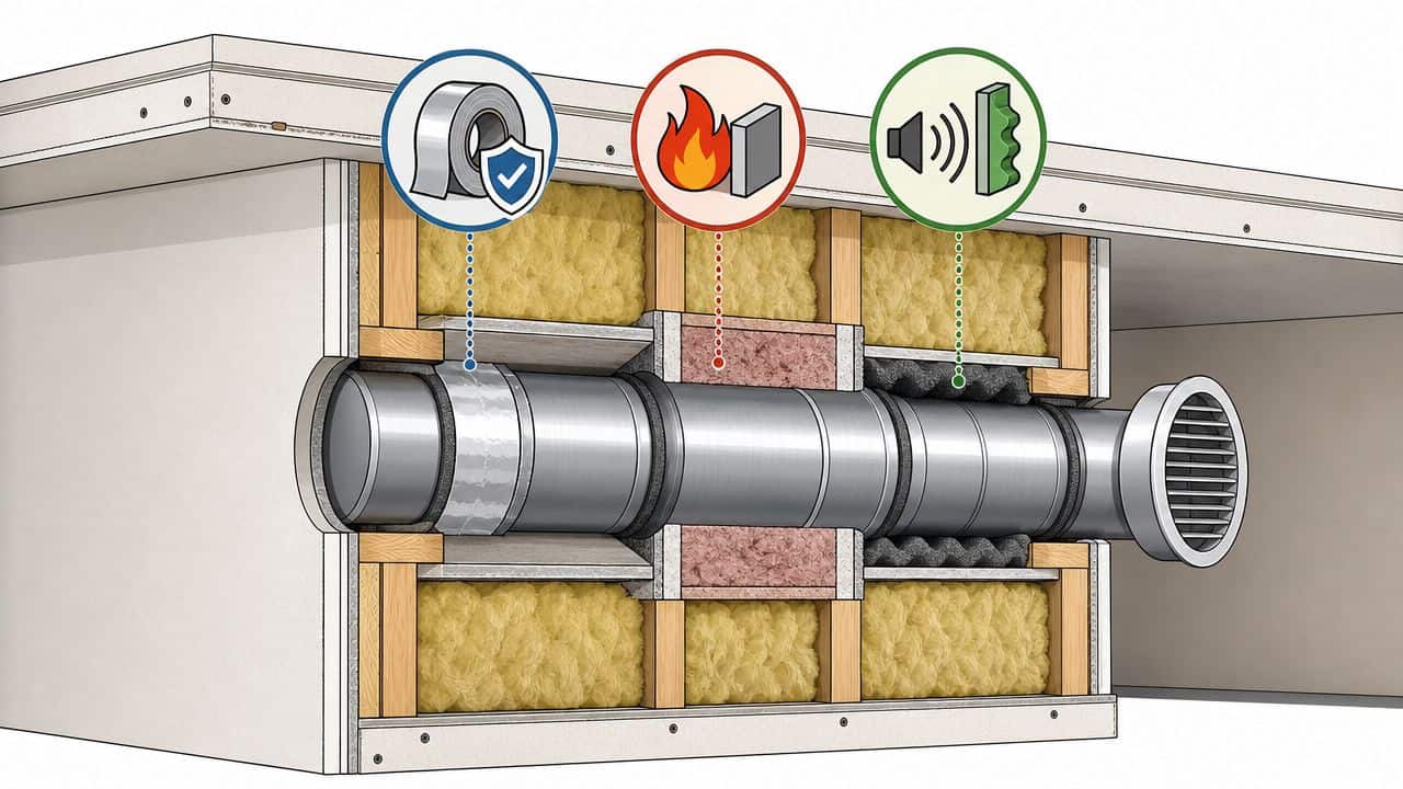 Illustration av ventilationsrör som passerar genom en vägg med isolering för brandskydd, ljuddämpning och tätning.