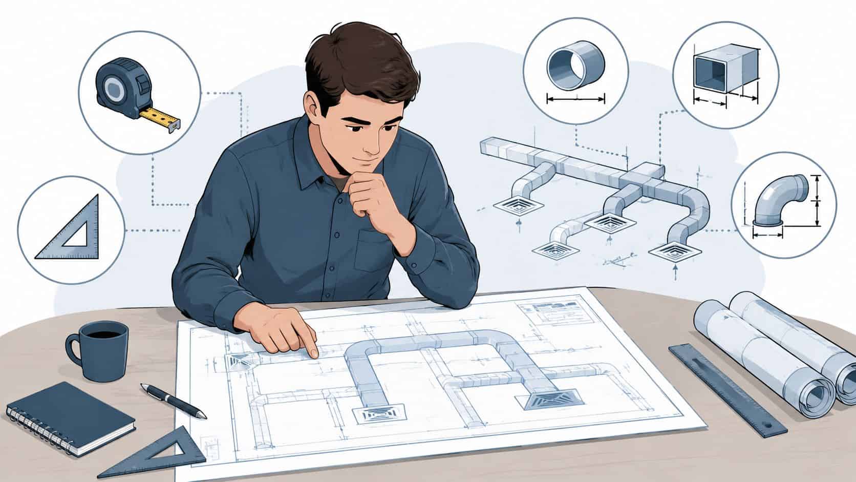 En ingenjör studerar ritningar över ett ventilationssystem med olika rördelar och verktyg på ett skrivbord.
