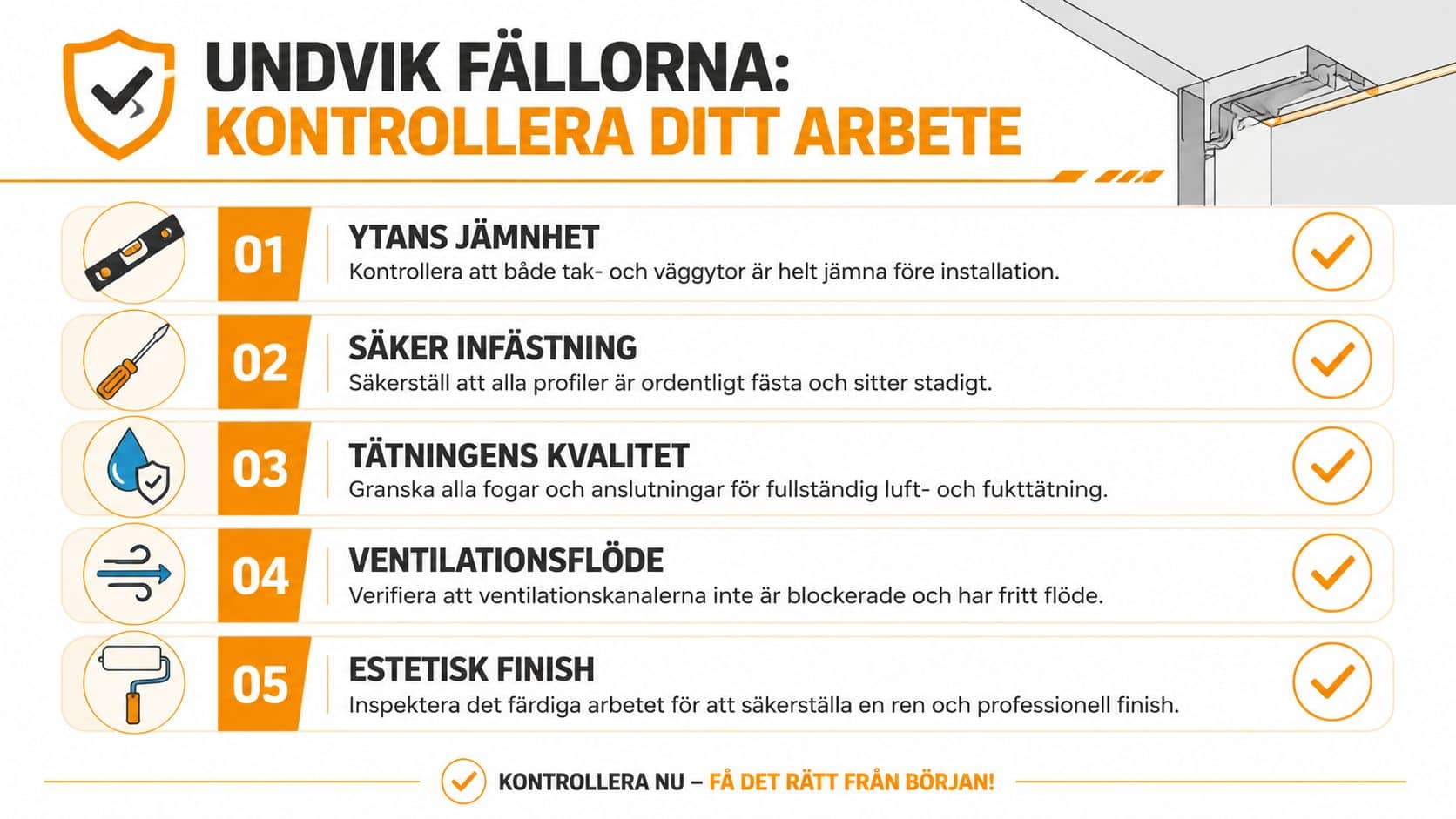 En checklista med fem punkter för att undvika fel vid installation av tak- och vägganslutningar.