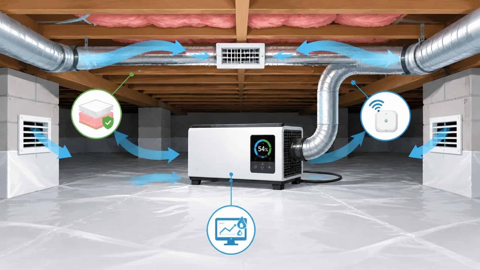 Avfuktare installerad i en krypgrund för att kontrollera luftfuktighet och förbättra inomhusklimatet under husets golvbjälklag.