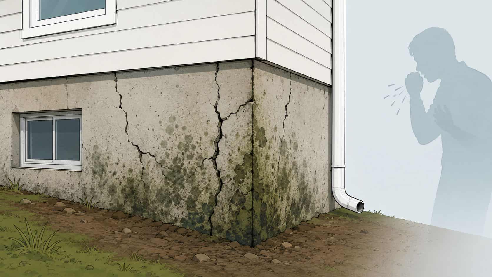 Illustrationsbild av en husgrund med fukt, mögel och sprickor, samt en person som hostar i bakgrunden.