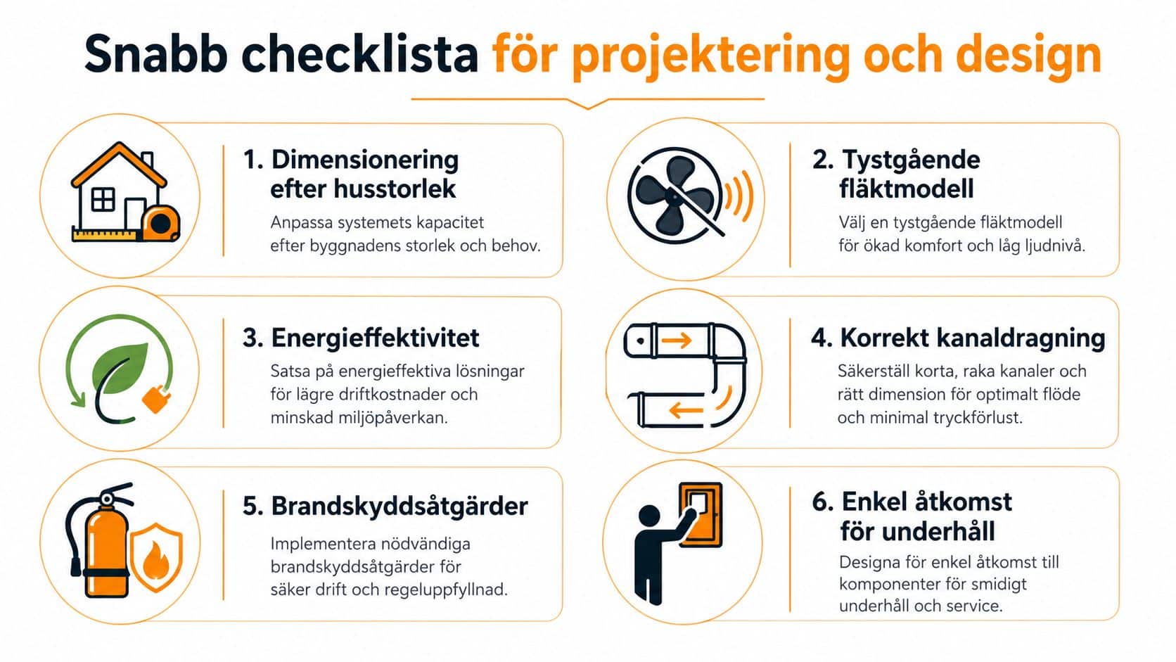 En checklista med sex viktiga punkter för effektiv projektering och design av ventilationssystem för byggnader.