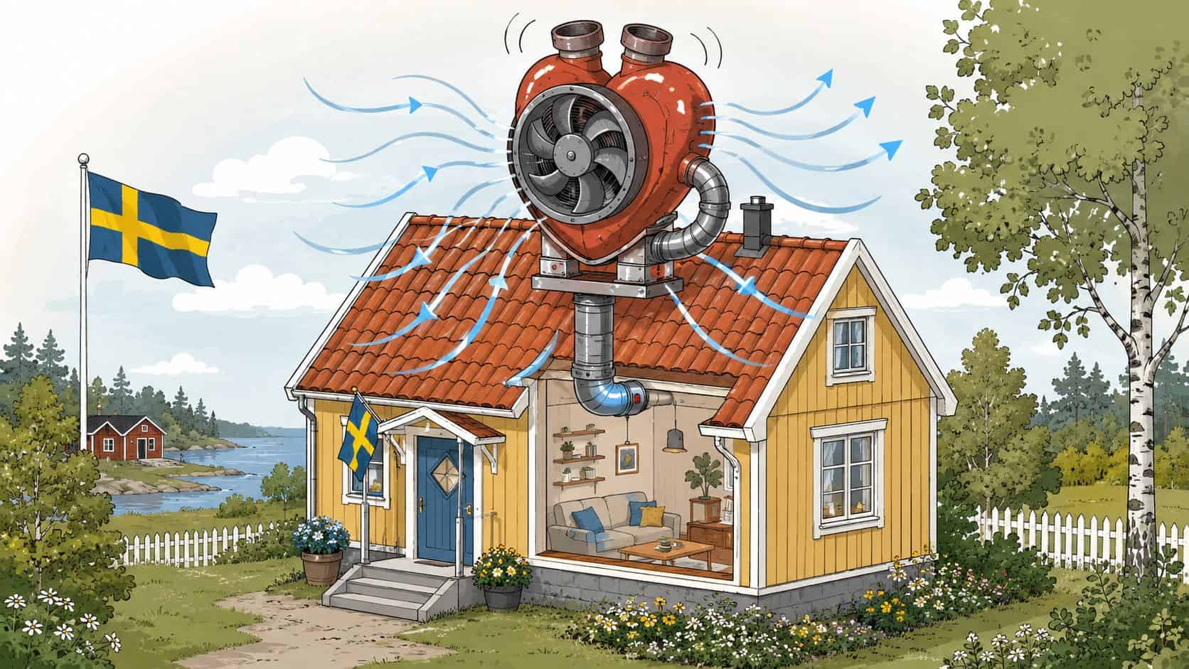 En svensk gul villa med en mekanisk frånluftsfläkt formad som ett hjärta på hustaket i sommaridyll.
