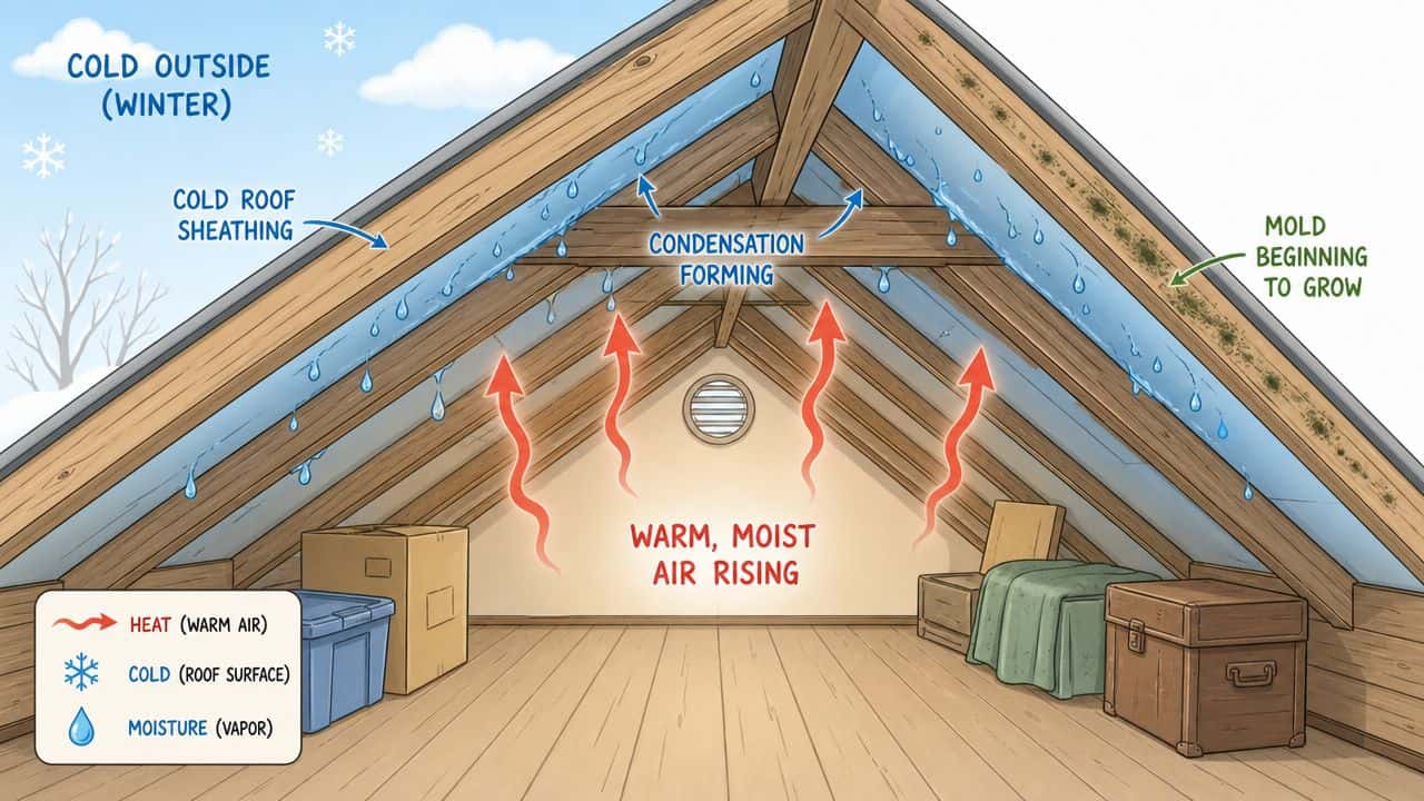 Illustration av kondensbildning på en kall vind som leder till mögelväxt under vinterns kalla väderförhållanden.