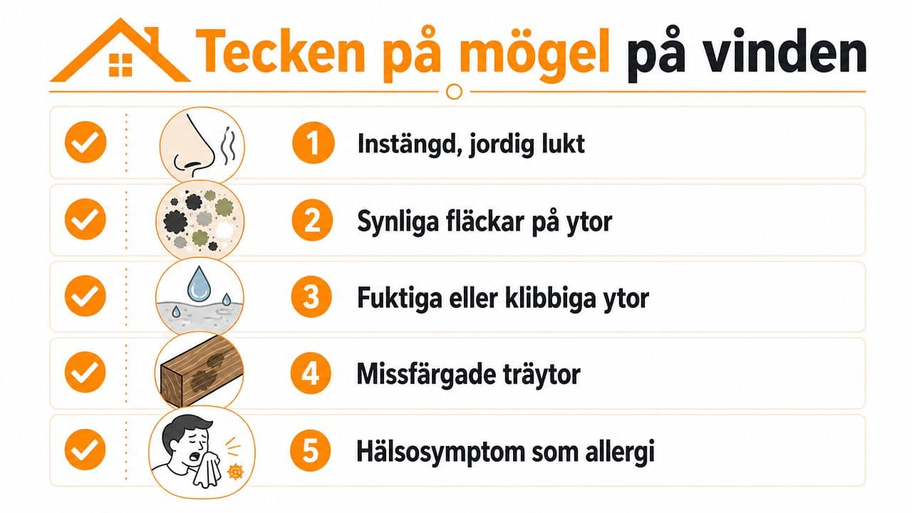 En infografik som visar fem vanliga tecken på mögel på vinden, inklusive lukt, fläckar och hälsosymtom.