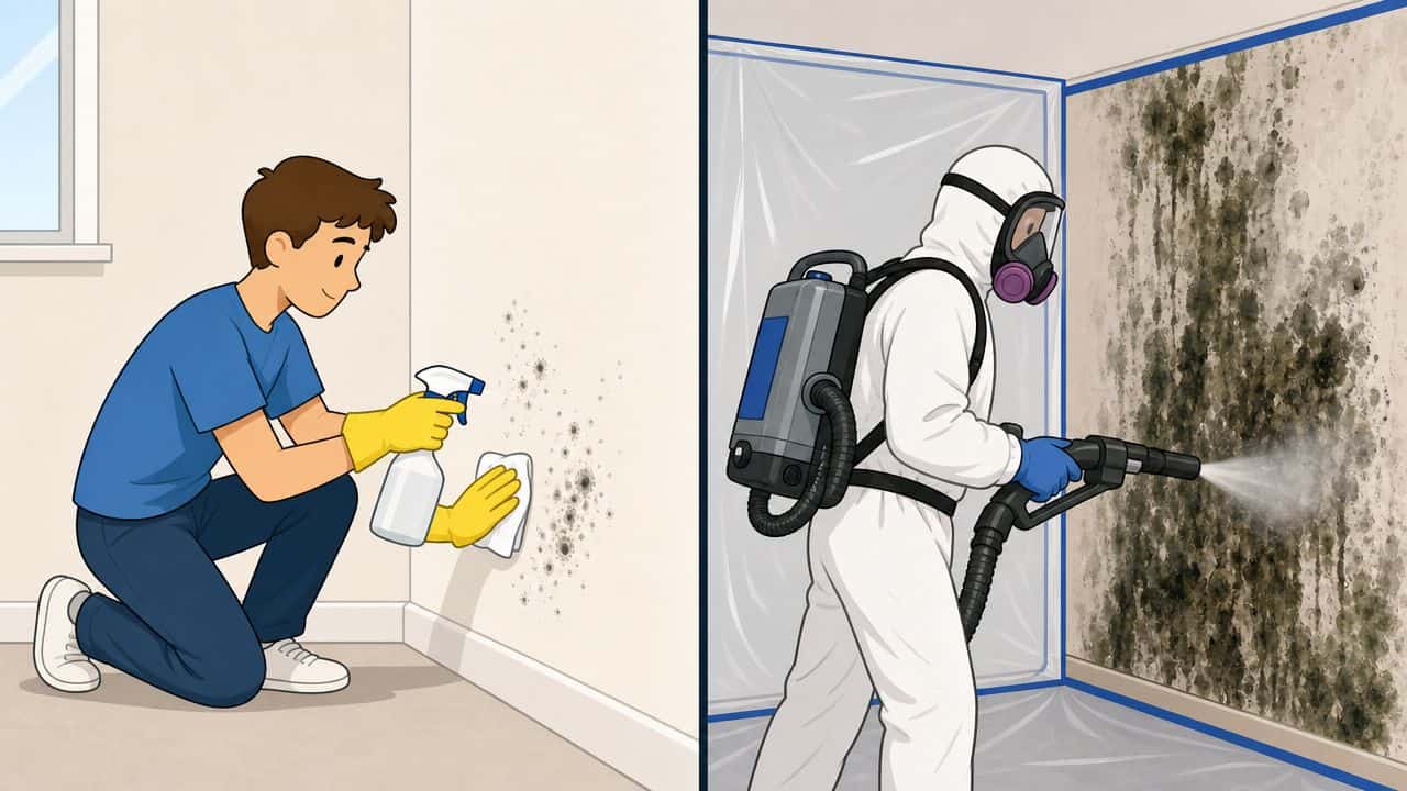 Illustration som visar skillnaden mellan att själv ta bort lite mögel och professionell sanering av omfattande mögelangrepp.
