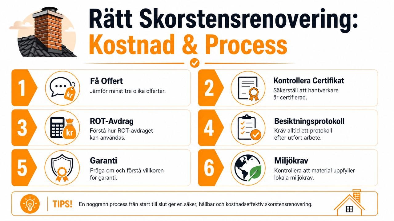 En infografik som förklarar processen och stegen för en säker och kostnadseffektiv renovering av en skorsten.
