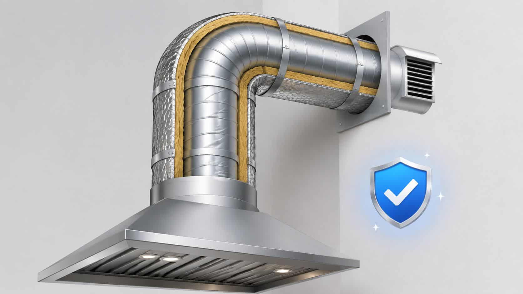En isolerad ventilationskanal i metall ansluten till en köksfläkt monterad på en vit vägg.