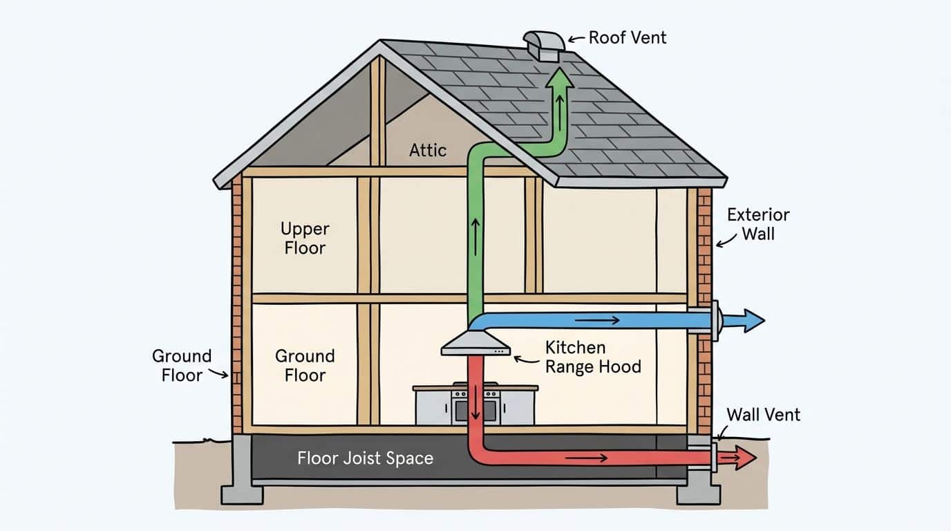 Illustration som visar olika sätt att dra ventilationsrör från en köksfläkt genom husets väggar eller tak.