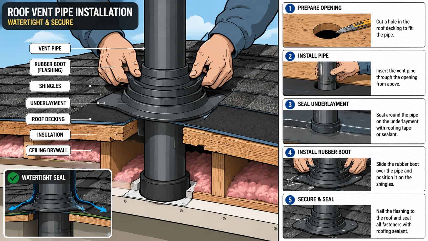 En steg-för-steg illustration som visar hur man installerar en takgenomföring för avloppsavluftning på ett hustak.