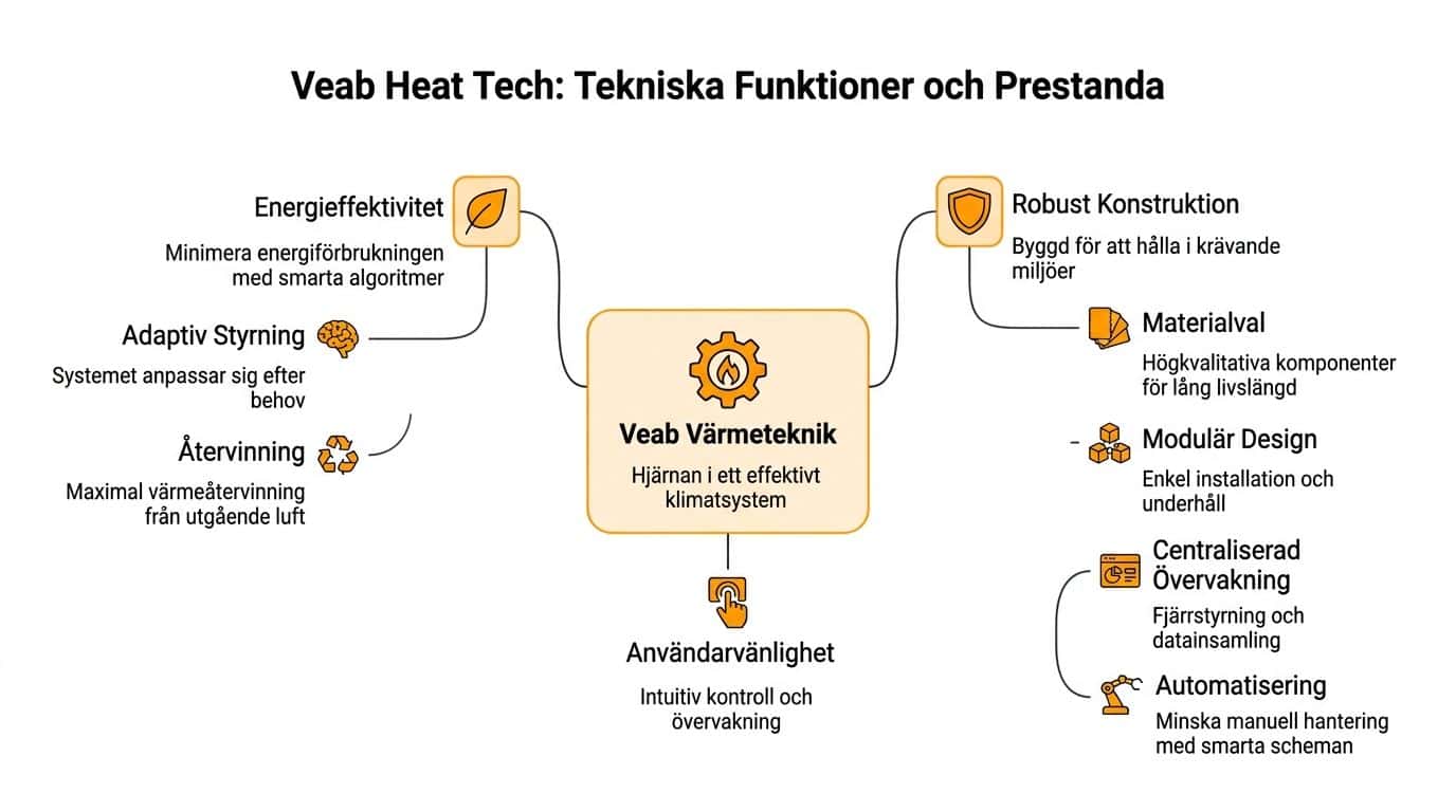 Ett diagram som visar Veab Värmetekniks tekniska funktioner, prestanda, energieffektivitet, robust konstruktion och användarvänliga kontrollsystem.
