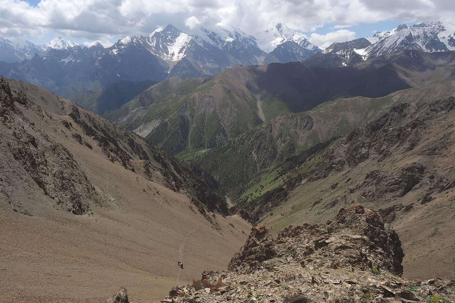 View from Dzhalychy pass Trekking Turkestan Mountains Kyrgyzstan