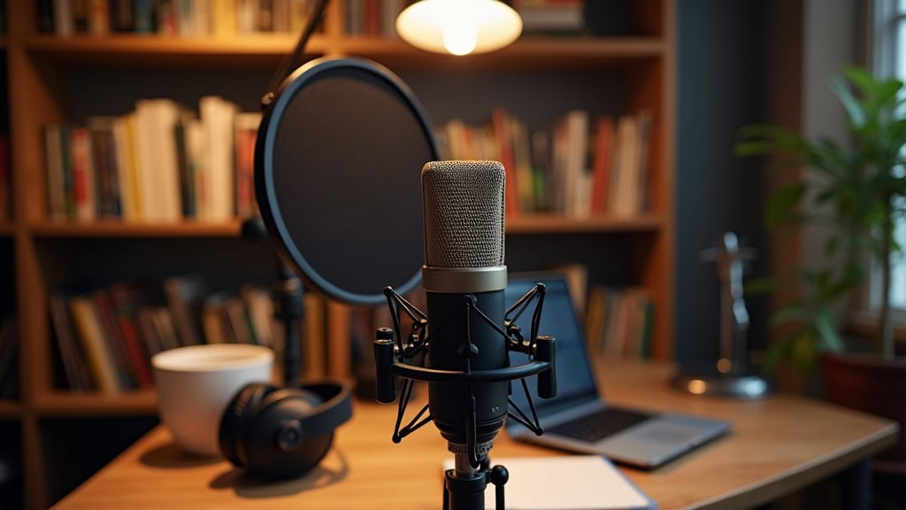 An inviting home recording setup for audiobook narration, showing a microphone, headphones, pop filter, and a laptop on a desk surrounded by books and soft lighting.