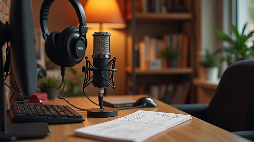 Microphone and creative studio setup for voice acting practice