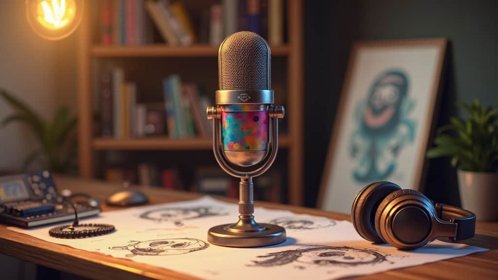 A colorful microphone set up in a cozy studio surrounded by character sketches and headphones