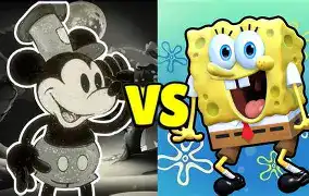 Mickey Mouse and SpongeBob showing exaggerated cartoon expressions”