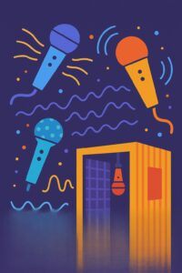 Cartoon-style microphones with sound waves and a cozy recording booth”