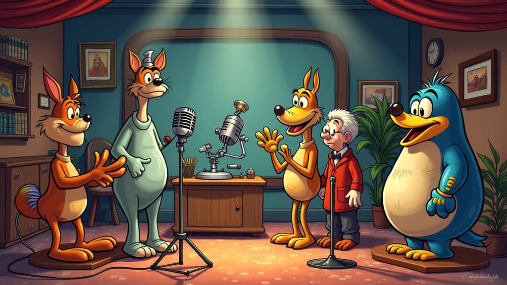A colorful, lively illustration of classic animated animals and robots in a recording studio setting, referencing iconic characters voiced by Frank Welker.