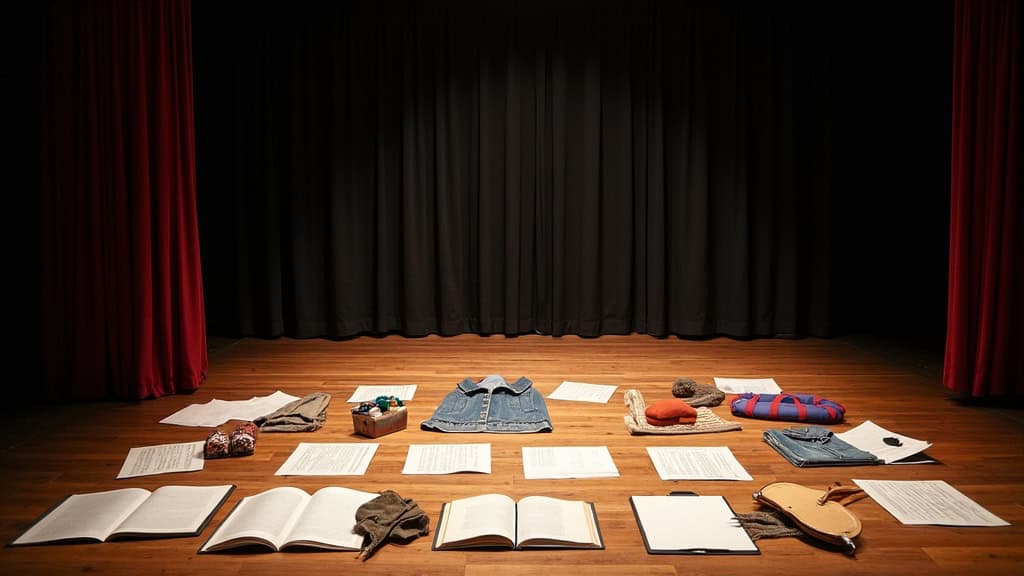 A theater stage with scripts, costumes, and props creatively arranged on the floor, conveying the possibilities of starting acting from scratch.