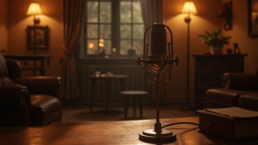 An old-fashioned sound recording studio with vintage microphones and cozy lighting, reminiscent of classic animation voice recording sessions.