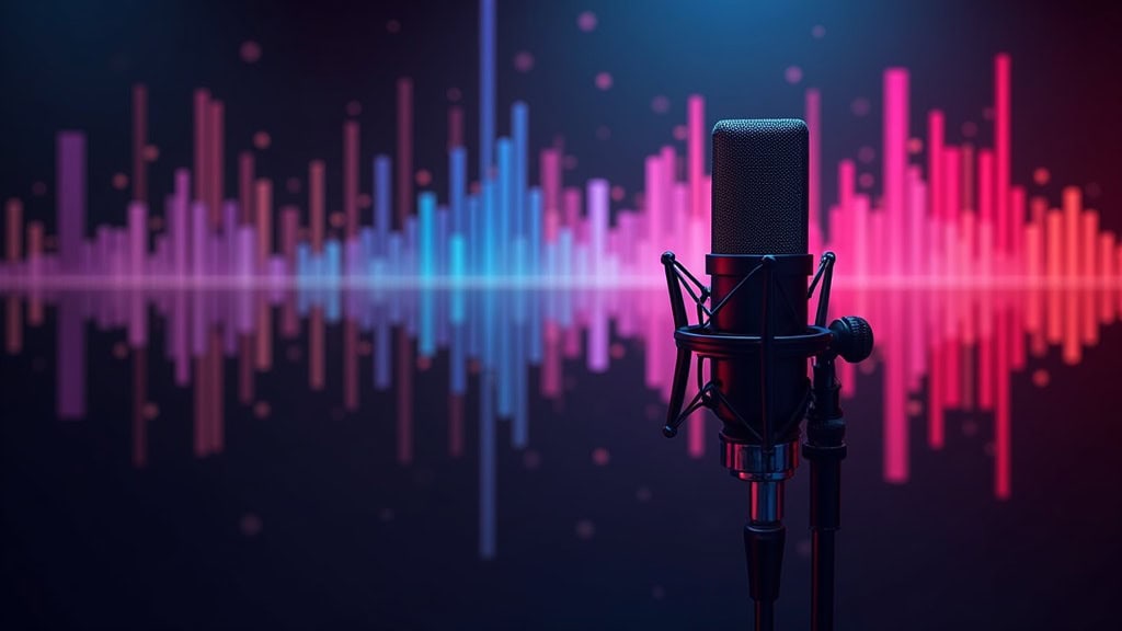 colorful recording studio microphone with sound waves in the background