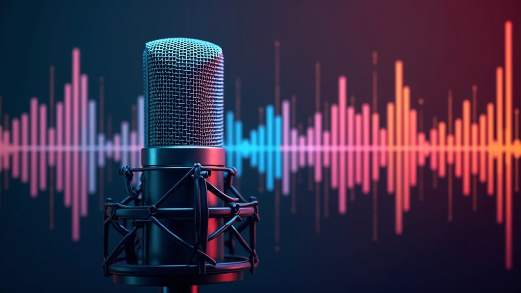 Colorful studio microphone and audio waveforms graphic