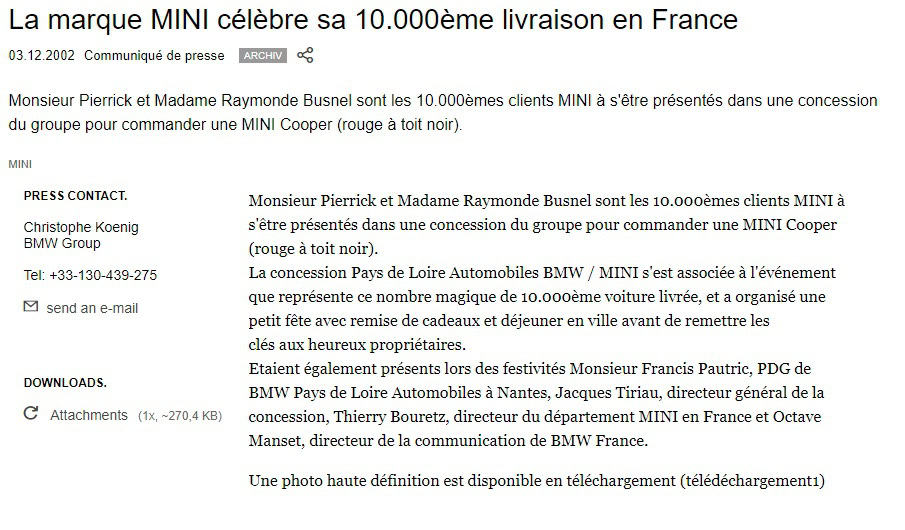 exemples communiqués de presse fusion acquisition bmw mini
